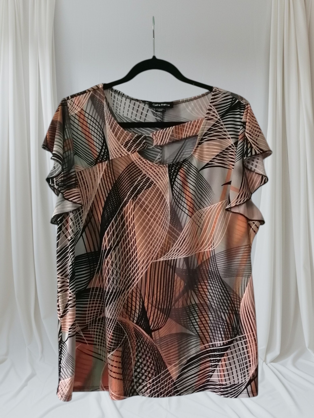 Peach & Black Abstract Flutter-Sleeve Blouse